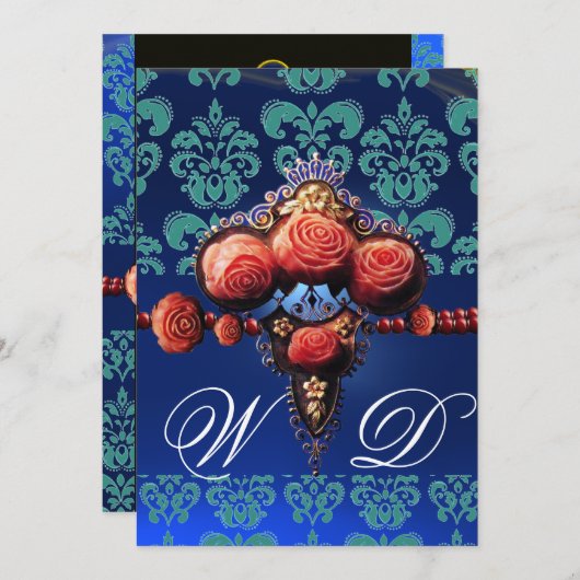 RODE ROZEN, AQUA BLUE DAMASKMONOGRAM KAART (Voorkant / Achterkant)