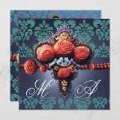 RODE ROZEN, AQUA BLUE DAMASKMONOGRAM KAART (Voorkant / Achterkant)