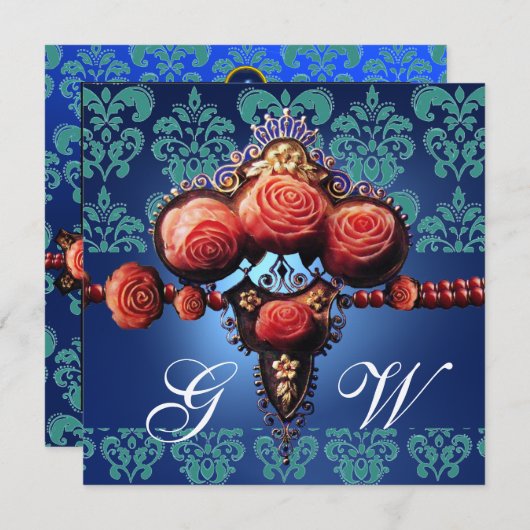 RODE ROZEN, AQUA BLUE DAMASKMONOGRAM KAART (Voorkant / Achterkant)