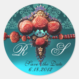 RODE ROZEN, AQUA BLUE DAMASKMONOGRAM RONDE STICKER