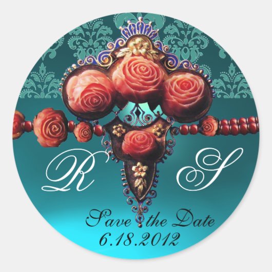 RODE ROZEN, AQUA BLUE DAMASKMONOGRAM RONDE STICKER (Voorkant)