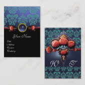 RODE ROZEN, AQUA BLUE DAMASKMONOGRAM VISITEKAARTJE (Voorkant / Achterkant)