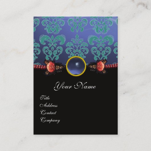 RODE ROZEN, AQUA BLUE DAMASKMONOGRAM VISITEKAARTJE (Voorkant)