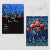 RODE ROZEN, AQUA BLUE DAMASKMONOGRAM VISITEKAARTJE (Voorkant / Achterkant)