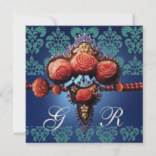 RODE ROZEN, AQUA BLUE GOLD DAMASK MONOGRAM KAART