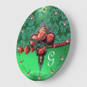 RODE ROZEN, AQUA BLUE GREEN DAMASK MONOGRAM GROTE KLOK (Hoek)