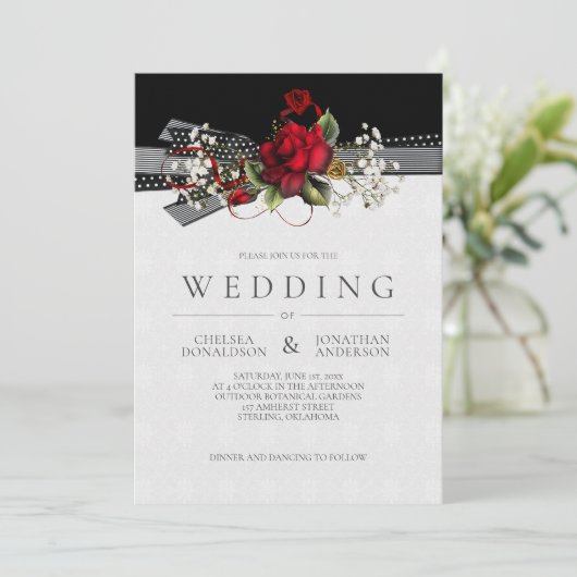 rode rozen babyribbons bruiloft aankondiging (Staand voorkant)