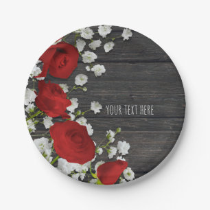 Rode Rozen & Baby's Breath op Houten Bruidsdouche Papieren Bordje