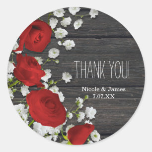 Rode Rozen & Baby's Breath op Houten Bruidsdouche Ronde Sticker