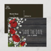 Rode Rozen & Baby's Breath op Houten Save The Date Aankondigingskaart (Voorkant / Achterkant)