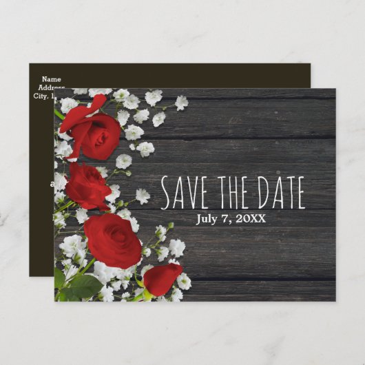 Rode Rozen & Baby's Breath op Houten Save The Date Aankondigingskaart (Voorkant / Achterkant)