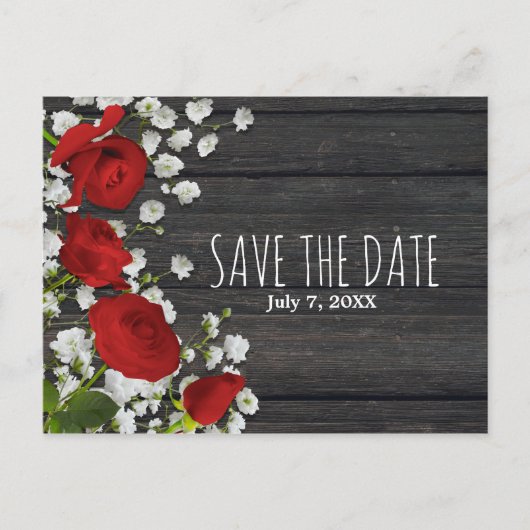 Rode Rozen & Baby's Breath op Houten Save The Date Aankondigingskaart (Voorkant)