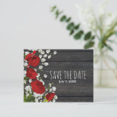 Rode Rozen & Baby's Breath op Houten Save The Date Aankondigingskaart (Staand voorkant)