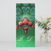 RODE ROZEN, BLAUW GROENTE ZWARTE DAMASKMONOGRAM KAART (Staand voorkant)