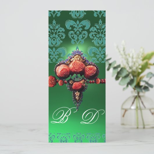 RODE ROZEN, BLAUW GROENTE ZWARTE DAMASKMONOGRAM KAART (Staand voorkant)