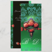 RODE ROZEN, BLAUW GROENTE ZWARTE DAMASKMONOGRAM KAART (Voorkant / Achterkant)