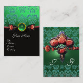 RODE ROZEN, BLAUW GROENTE ZWARTE DAMASKMONOGRAM VISITEKAARTJE (Voorkant / Achterkant)