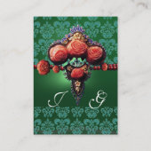 RODE ROZEN, BLAUW GROENTE ZWARTE DAMASKMONOGRAM VISITEKAARTJE (Achterkant)