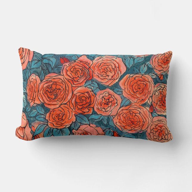 Rode rozen, blauwe bladeren Roos tuinzomerbloemen Kussen (Voorkant)