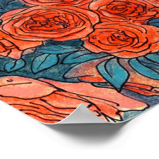 Rode rozen, blauwe bladeren Roos tuinzomerbloemen Poster (Hoek)