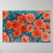 Rode rozen, blauwe bladeren Roos tuinzomerbloemen Poster (Voorkant)