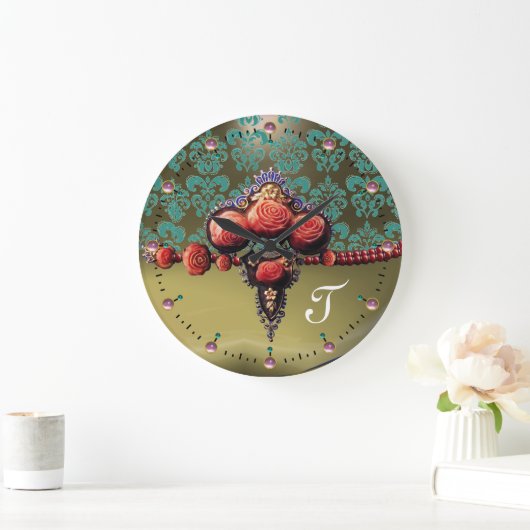 RODE ROZEN, BLAUWE DAMASKMONOGRAM GROTE KLOK (Huis)