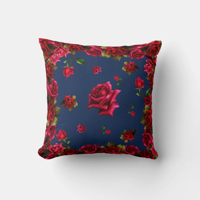 Rode Rozen Blauwe Shabby Chic Bloemrijke Glamour Kussen (Voorkant)