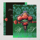 RODE ROZEN, BLAUWE ZWARTE DAMASKMONOGRAM KAART (Voorkant / Achterkant)