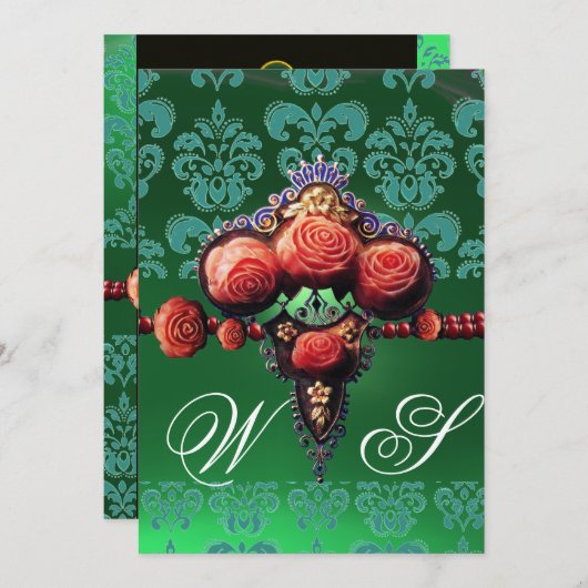 RODE ROZEN, BLAUWE ZWARTE DAMASKMONOGRAM KAART (Voorkant / Achterkant)