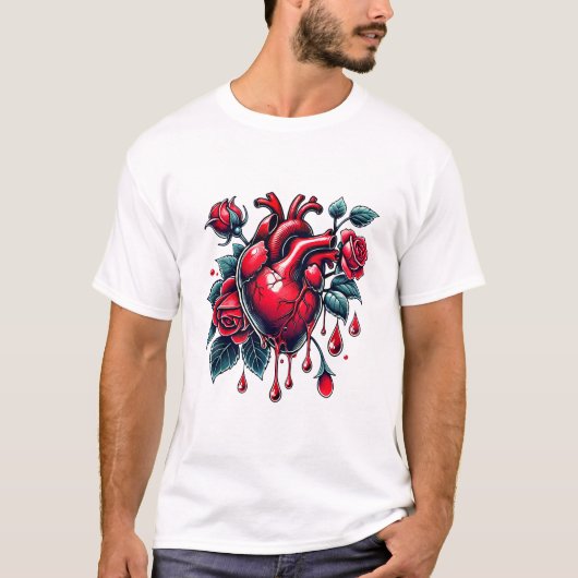 Rode Rozen Bloedend Hart hartzeer goh Kunst T-shirt (Voorkant)