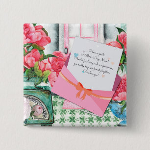 Rode Rozen Bloem Brief Envelop Moederdag Vierkante Button 5,1 Cm