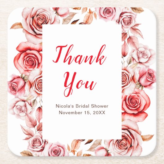 Rode Rozen Bloem Bruidsfeest Kartonnen Onderzetters (Voorkant)