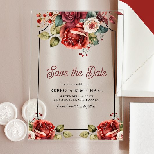 Rode Rozen Bloem Bruiloft Save the Date Acryl Uitnodigingen