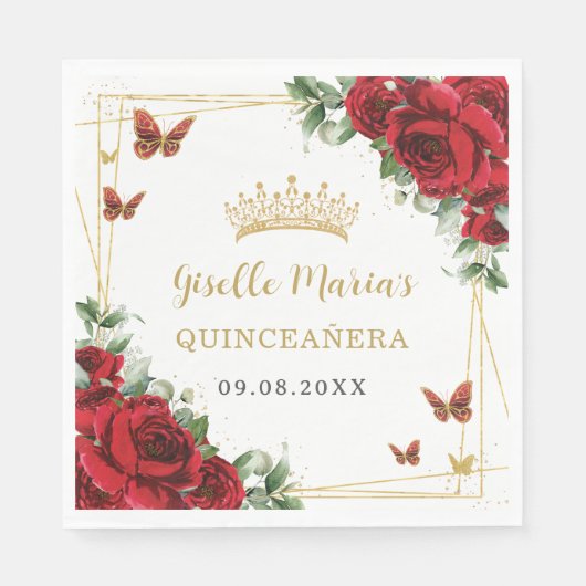 Rode Rozen Bloem Gouden Vlinders Quinceañera Servet (Voorkant)