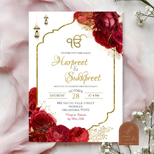 Rode Rozen Bloem Ik Onkar Indiase Trouwdag Kaart