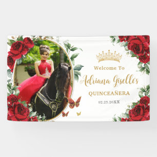 Rode Rozen Bloem Vlinders Quinceanera Foto 15 Spandoek