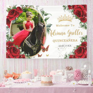 Rode Rozen Bloem Vlinders Quinceañera Foto Spandoek