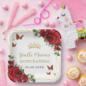 Rode Rozen Bloem Vlinders Quinceañera Papieren Bordje (Feest)