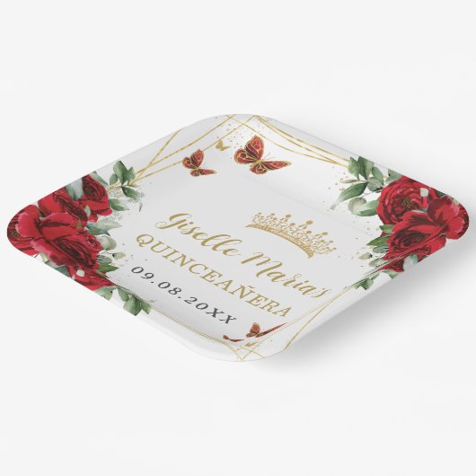 Rode Rozen Bloem Vlinders Quinceañera Papieren Bordje (Gebogen)