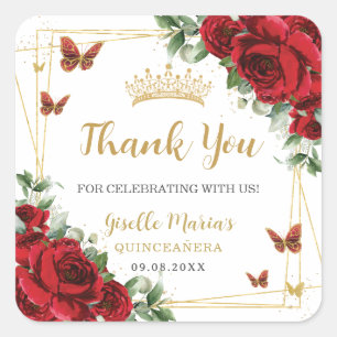 Rode Rozen Bloem Vlinders Quinceanera Sweet 16 Vierkante Sticker