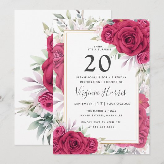 Rode rozen bloemen 20e verjaardag kaart (Voorkant / Achterkant)