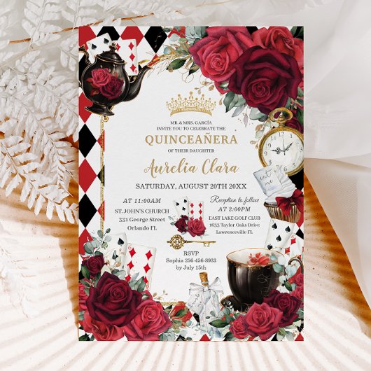 Rode Rozen Bloemen Alice in Wonderland Quinceañera Kaart