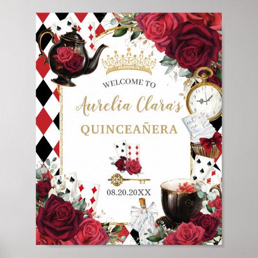 Rode Rozen Bloemen Alice in Wonderland Quinceañera Poster (Voorkant)