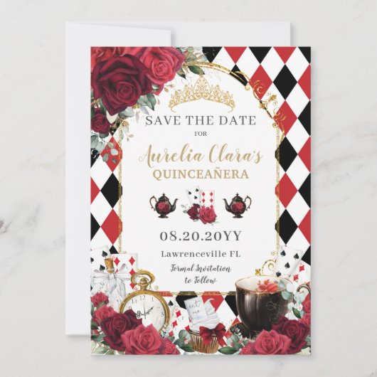 Rode Rozen Bloemen Alice in Wonderland Quinceañera Save The Date (Voorkant)