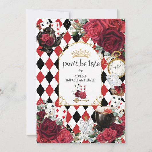 Rode Rozen Bloemen Alice in Wonderland Quinceañera Save The Date (Achterkant)