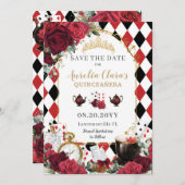 Rode Rozen Bloemen Alice in Wonderland Quinceañera Save The Date (Voorkant / Achterkant)
