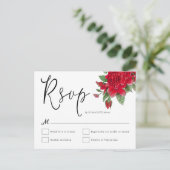 Rode Rozen Bloemen Blad Script Bruiloft RSVP Briefkaart (Staand voorkant)