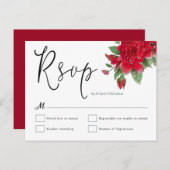 Rode Rozen Bloemen Blad Script Bruiloft RSVP Briefkaart (Voorkant / Achterkant)