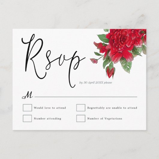 Rode Rozen Bloemen Blad Script Bruiloft RSVP Briefkaart (Voorkant)