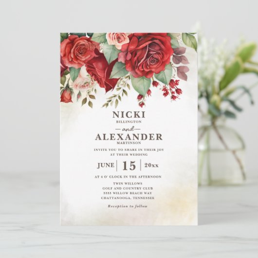 Rode Rozen  Bloemen Botanische Foto Bruiloft Kaart (Staand voorkant)